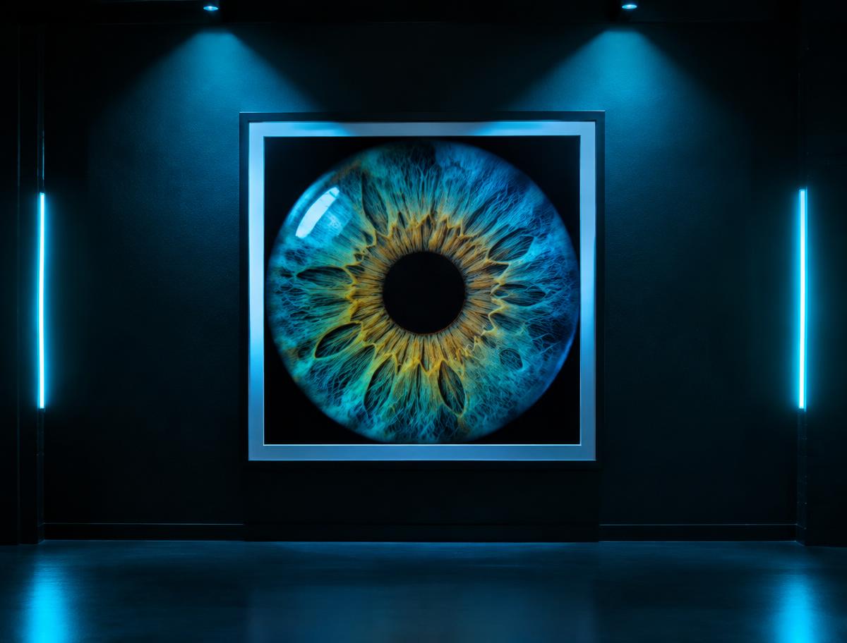 Obra de arte con un iris fotografiado en macro expuesta en una pared oscura