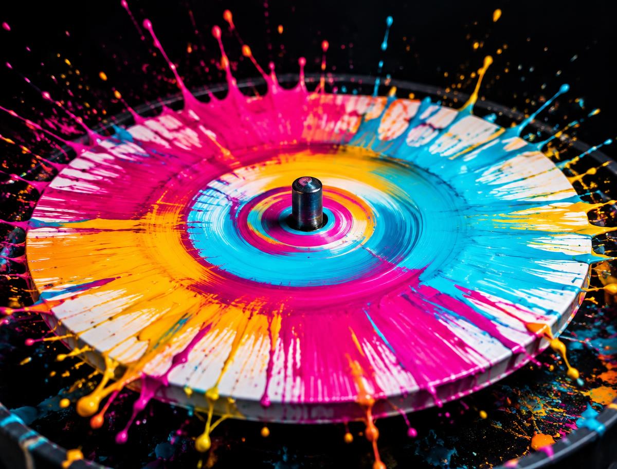 Pintura de colores girando sobre un disco y formando una obra de arte
